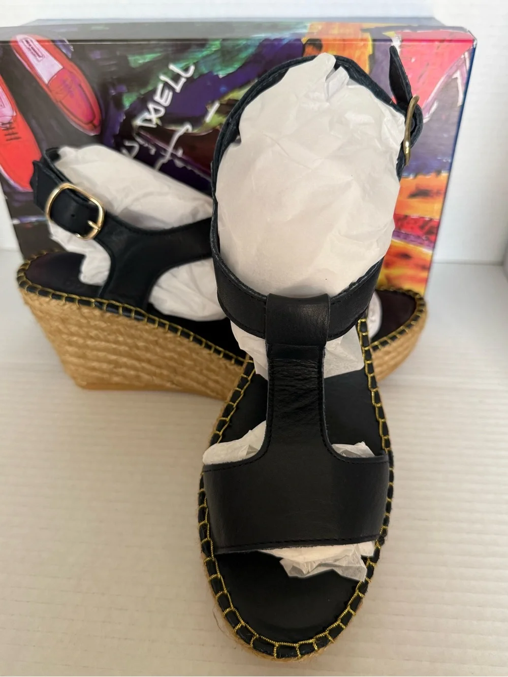 Andre Assous Black Leather Espadrille Wedge Sandals